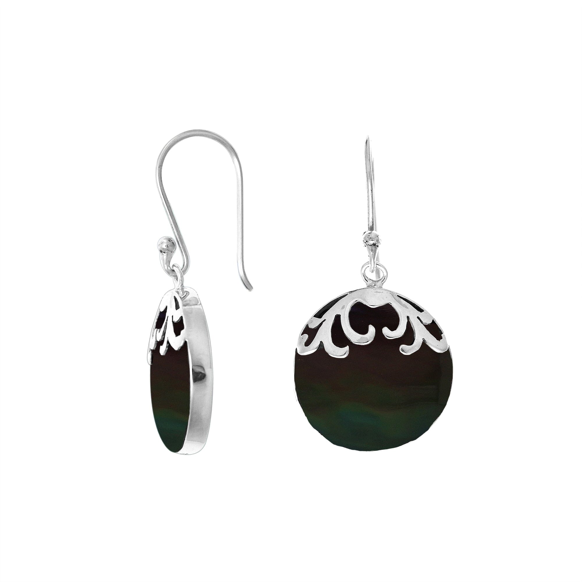AE-7033-SHB Sterling Silver Designer Earring With Round Black Shell Jewelry Bali Designs Inc