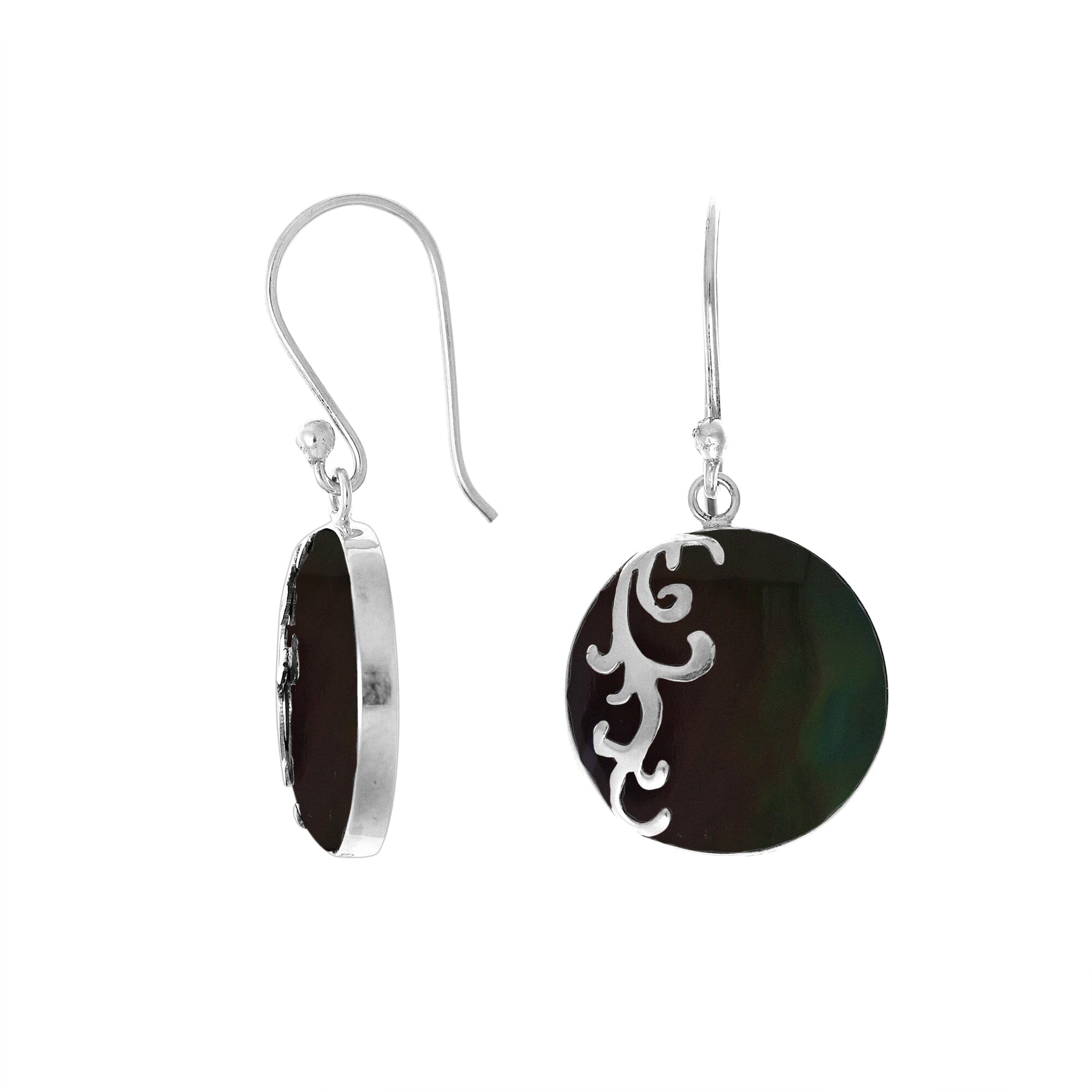 AE-7035-SHB Sterling Silver Designer Earring With Round Black Shell Jewelry Bali Designs Inc