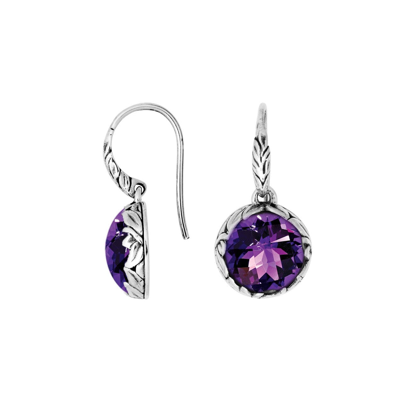 Sterling silver round earrings with Amethyst Quartz and intricate oxidized silver craftsmanship.