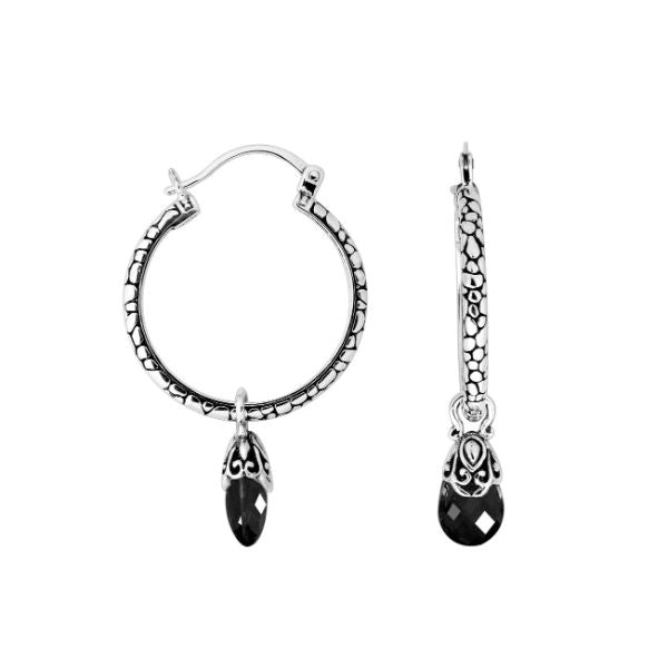 Sterling silver Black Onyx hoop earrings with faceted drop and Balinese handicraft design handcrafted in Bali