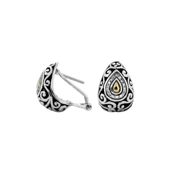Handcrafted Sterling Silver With 18K Gold Teardrop Heritage Earrings With Diamond Center And Swirl Detailing