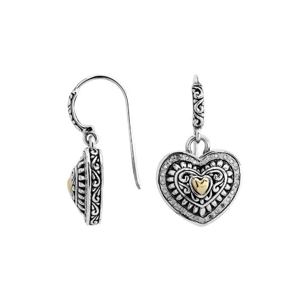 Handcrafted Sterling Silver With 18K Gold Heart Heritage Earrings With Diamond Highlights And Scroll Detailing