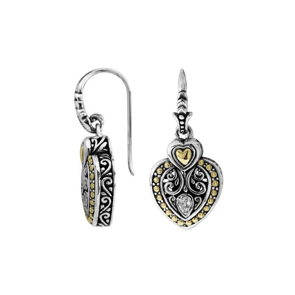 Handcrafted Sterling Silver With 18K Gold Heart Heritage Earrings With Filigree Design And Diamond Accent