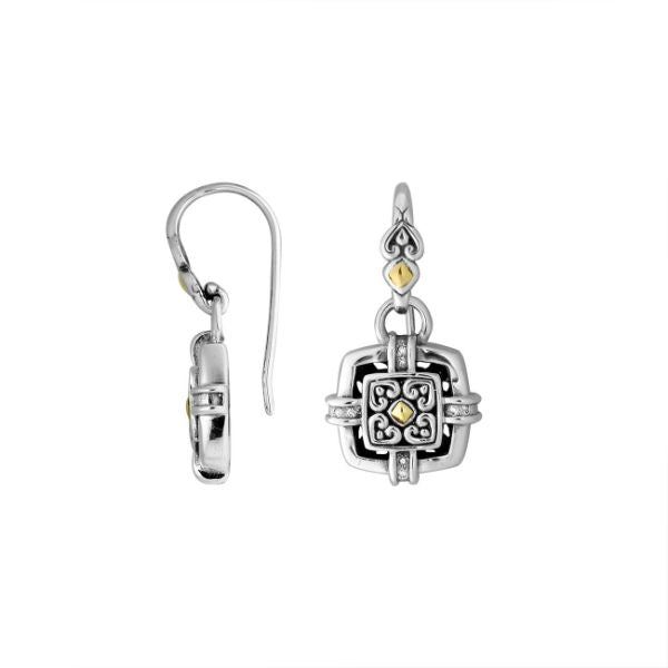 Handcrafted Sterling Silver With 18K Gold Square Heritage Earrings With Filigree Design And Diamond Highlights