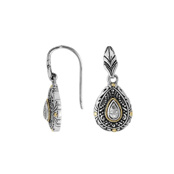 Handcrafted Sterling Silver With 18K Gold Teardrop Heritage Earrings With Diamond Center And Pattern Detailing