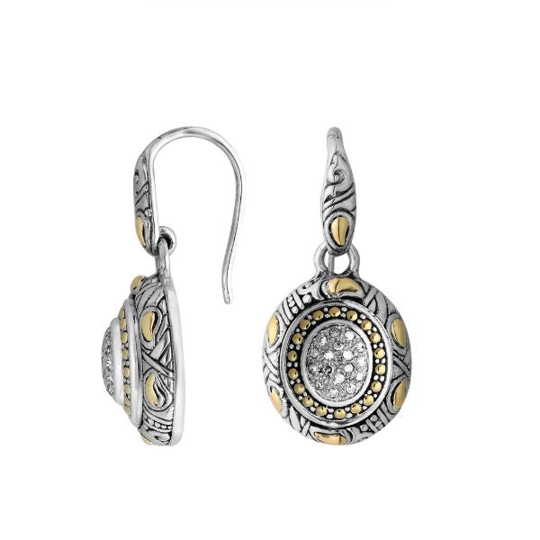 Handcrafted Sterling Silver With 18K Gold Round Heritage Earrings With Diamond Center And Beaded Detailing