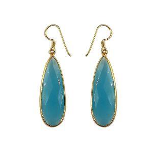 18K Gold Overlay Over Copper Long Teardrop Blue Chalcedony Quartz Modern Earrings