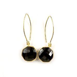 18K Gold Overlay Over Copper Faceted Round Black Onyx Modern Earrings