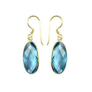 18K Gold Overlay Over Copper Long Oval Blue Topaz Quartz Modern Earrings