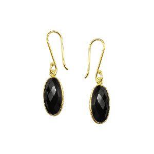 18K Gold Overlay Over Copper Long Oval Black Onyx Modern Earrings
