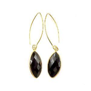 18K Gold Overlay Over Copper Black Onyx Marquise Dangle Earrings