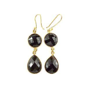 18K Gold Overlay Over Copper Double Black Onyx Statement Dangle Earrings