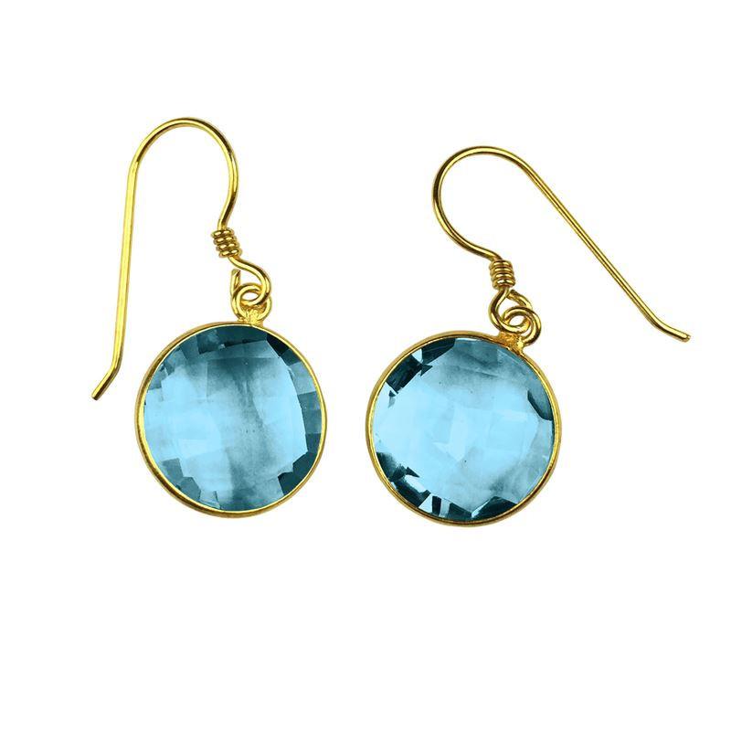 18K Gold Overlay Over Copper Round Blue Topaz Quartz Dangle Earrings