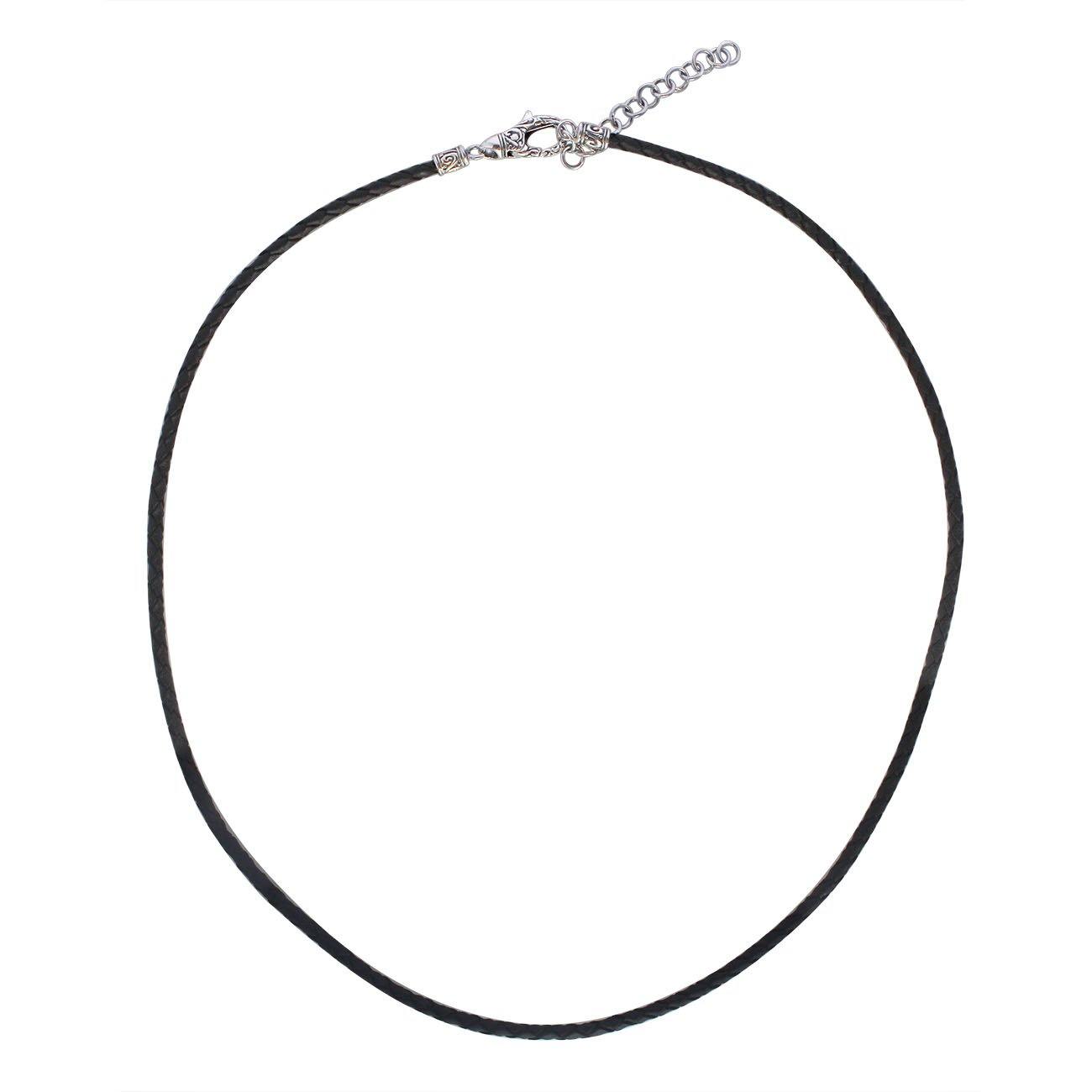 Adjustable black leather cord necklace with sterling silver clasp and extension chain.