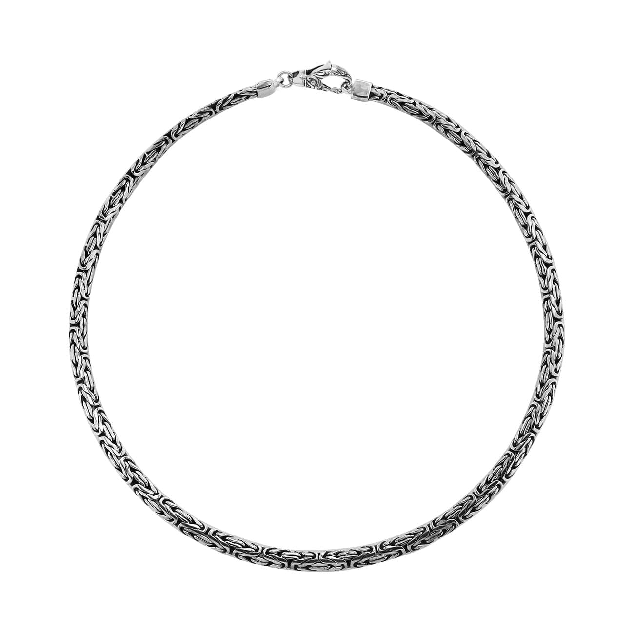 Handcrafted sterling silver woven chain necklace with oxidized-polished finish and artisan clasp, made in Bali.