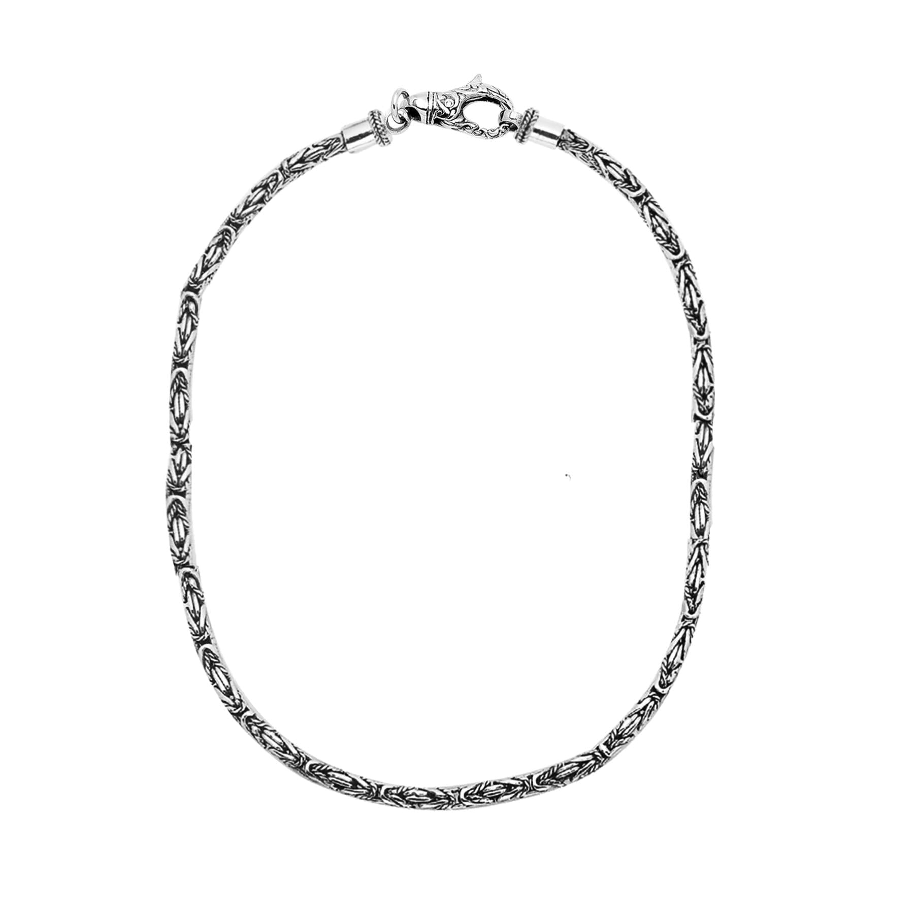 Handcrafted sterling silver 3MM Bali chain necklace with hook clasp and artisan polished-oxidized finish, made in Bali.