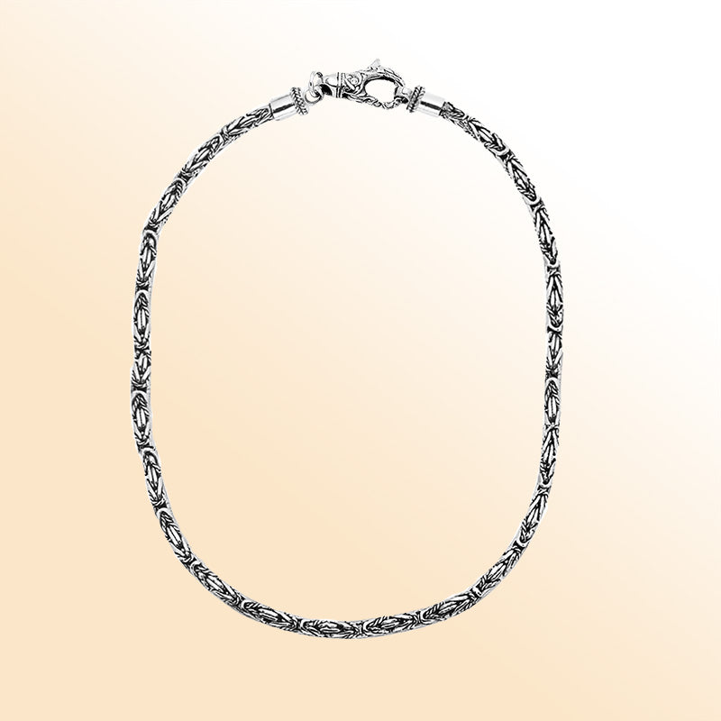 Handcrafted sterling silver 3MM Bali chain necklace with hook clasp and artisan polished-oxidized finish, made in Bali.