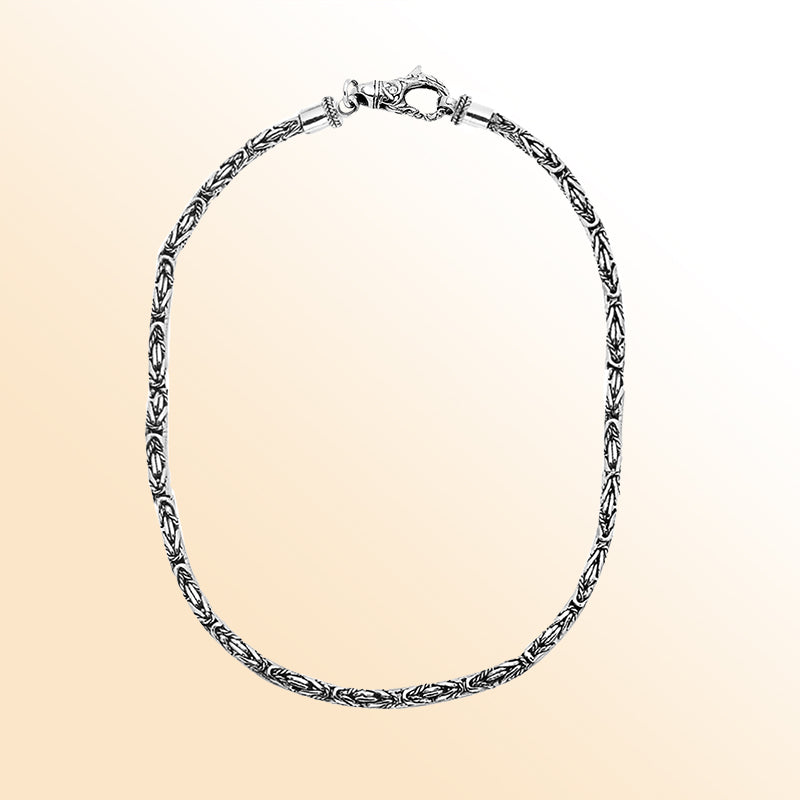 Handcrafted sterling silver 4MM Bali chain necklace with hook clasp and artisan oxidized-polished finish, made in Bali.