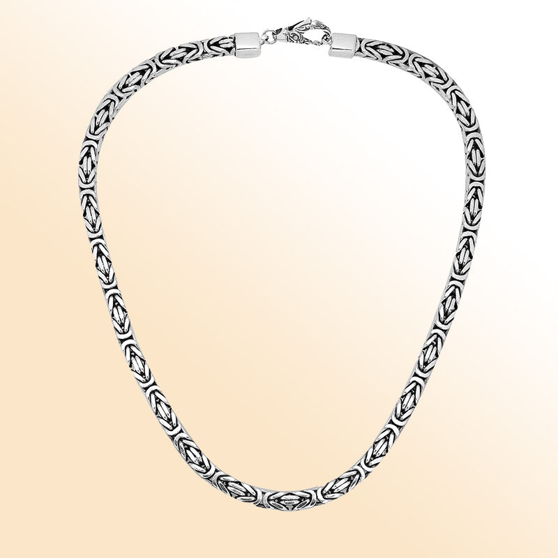 Handcrafted Bali 6MM sterling silver Byzantine square chain with oxidized-polished finish and lobster clasp.