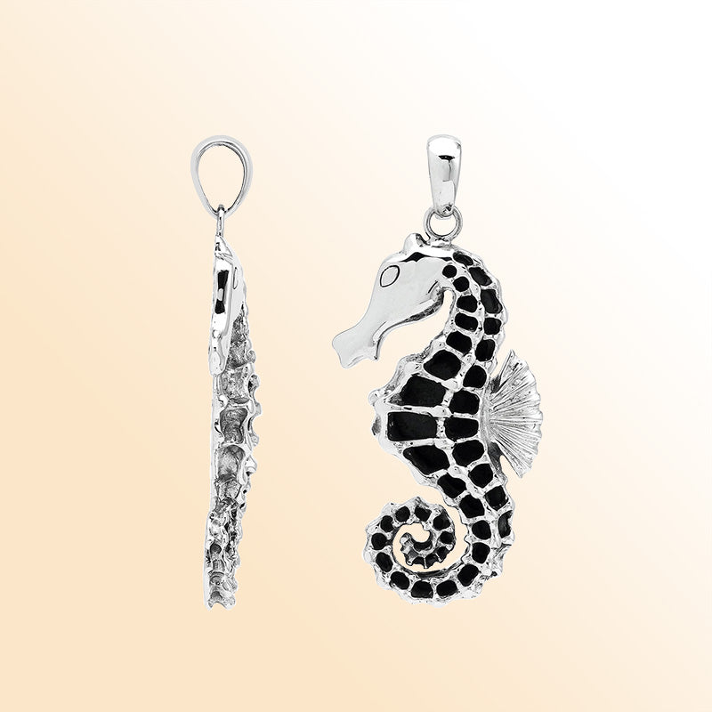 Sterling silver ocean-inspired seahorse pendant with black enamel inlay – handcrafted Bali jewelry