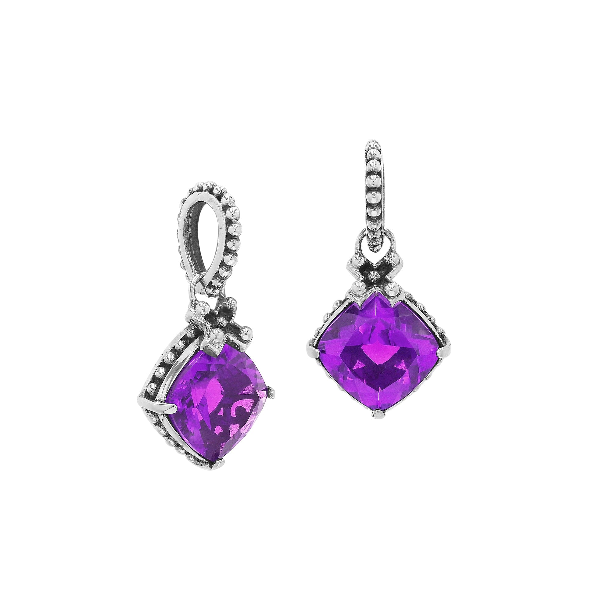 Handmade Sterling Silver Amethyst Quartz Cushion Pendant with beaded bail from Bali