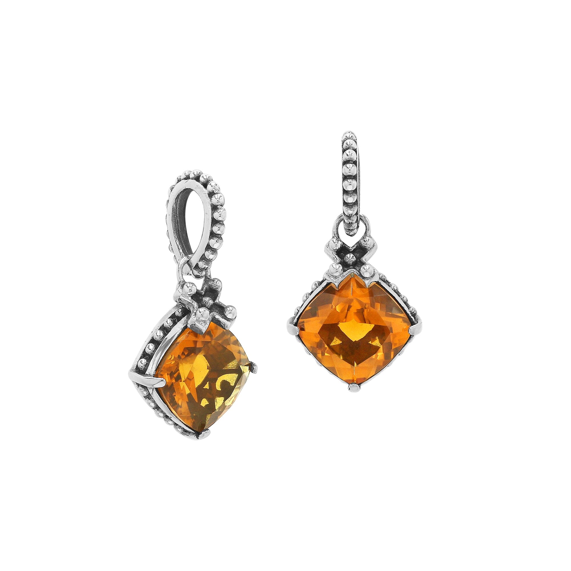 Handmade Sterling Silver Citrine Quartz Cushion Pendant with beaded bail from Bali