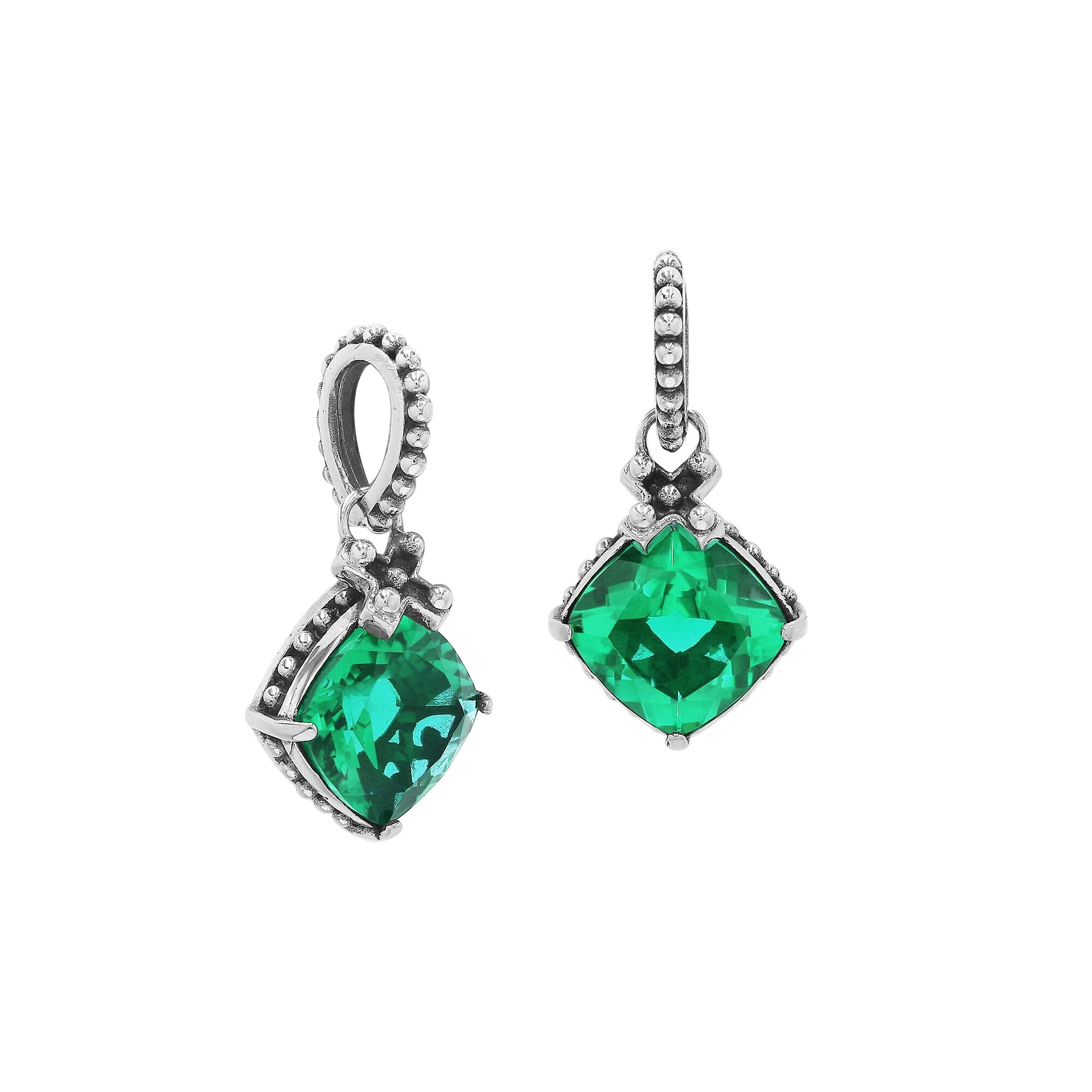 Handmade Sterling Silver Green Quartz Cushion Pendant with beaded bail from Bali