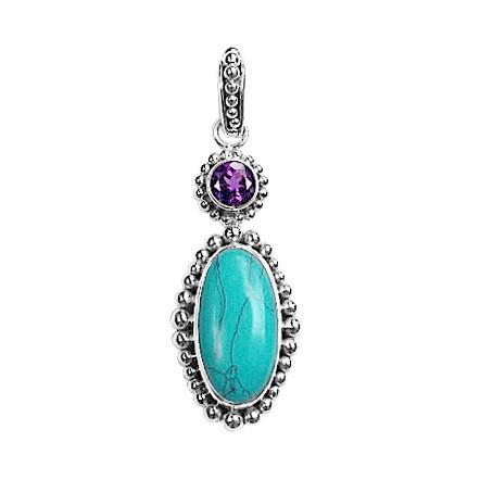 Handmade Sterling Silver Pendant with Turquoise Shell and Amethyst Quartz from Bali