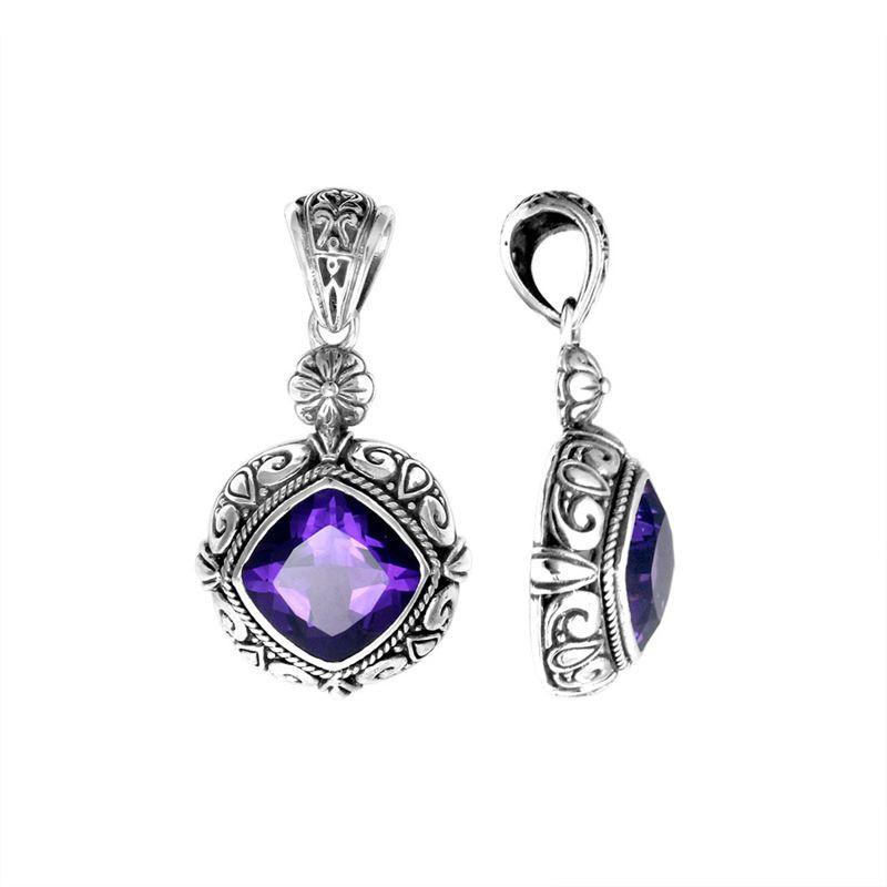Handmade Sterling Silver Amethyst Quartz Cushion Pendant with ornate Balinese frame