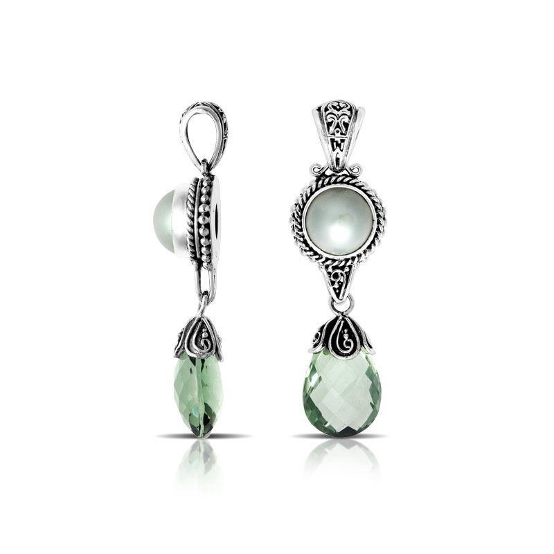 Handmade sterling silver pendant with pearl and green amethyst quartz drop, crafted in Bali.