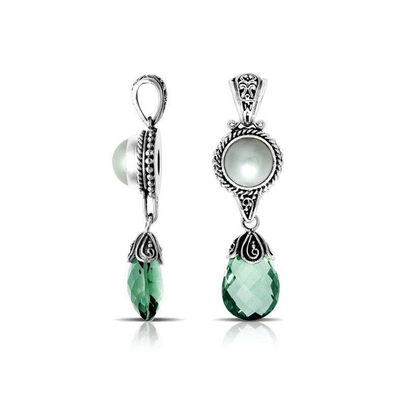 Handmade sterling silver pendant with Mabe pearl and green quartz drop, crafted in Bali.
