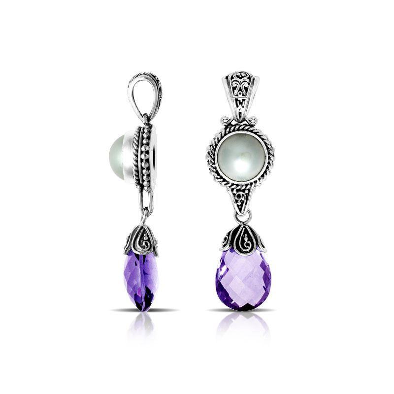 Handmade sterling silver pendant with mother of pearl and amethyst quartz drop, crafted in Bali.