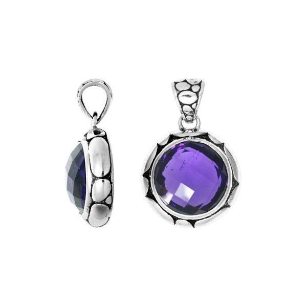 Handmade Amethyst Quartz round pendant in sterling silver with Balinese artistry.