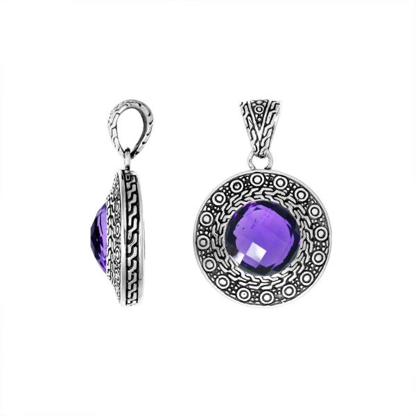 Handmade Amethyst Quartz round pendant in sterling silver with Balinese engraved artistry.