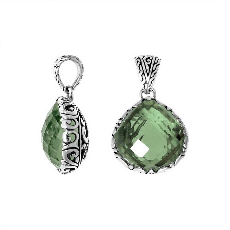 Retail Green Amethyst Quartz pendant handmade in sterling silver with Balinese detailing from Bali.