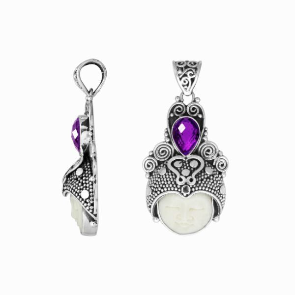 Balinese bone face pendant with amethyst quartz in sterling silver, handcrafted jewelry.
