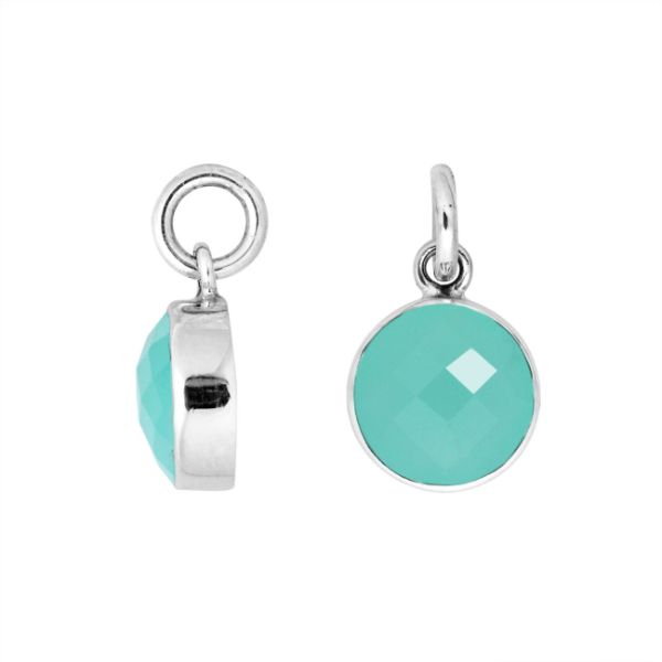Sterling silver round-cut pendant with polished Green Chalcedony Quartz stone