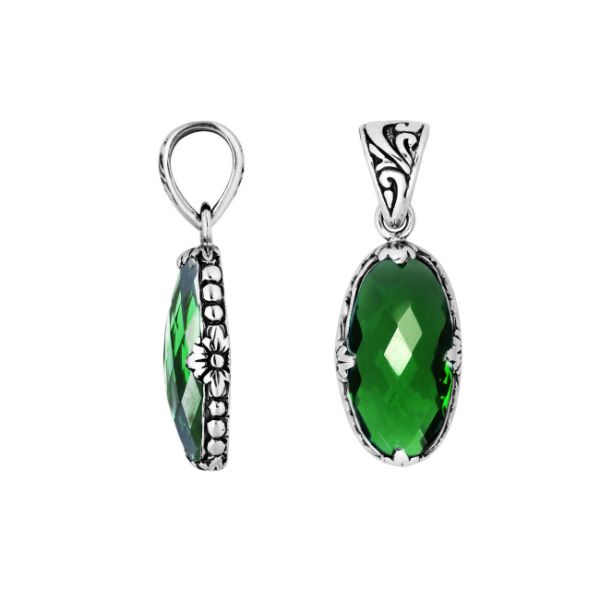 Elegant Sterling Silver oval Green Quartz pendant with floral engraved detailing