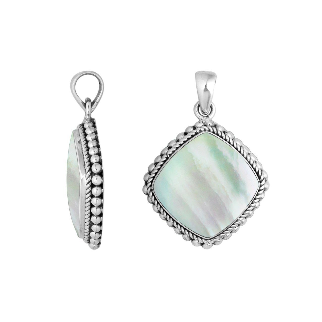 Sterling silver cushion shape pendant with mother of pearl and rope beaded silver frame handcrafted in Bali
