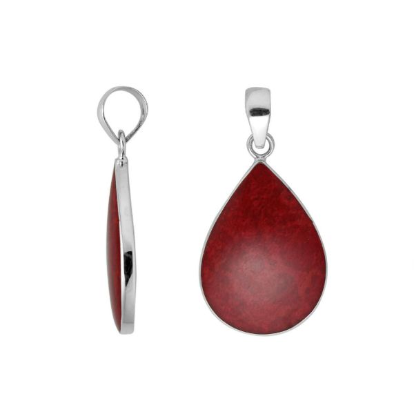 Sterling silver teardrop pendant with red coral and polished silver frame handcrafted in Bali