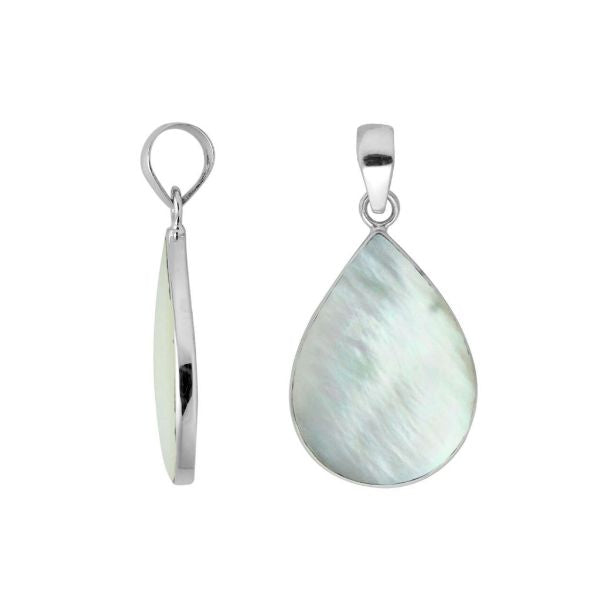 Sterling silver teardrop pendant with mother of pearl and polished silver frame handcrafted in Bali