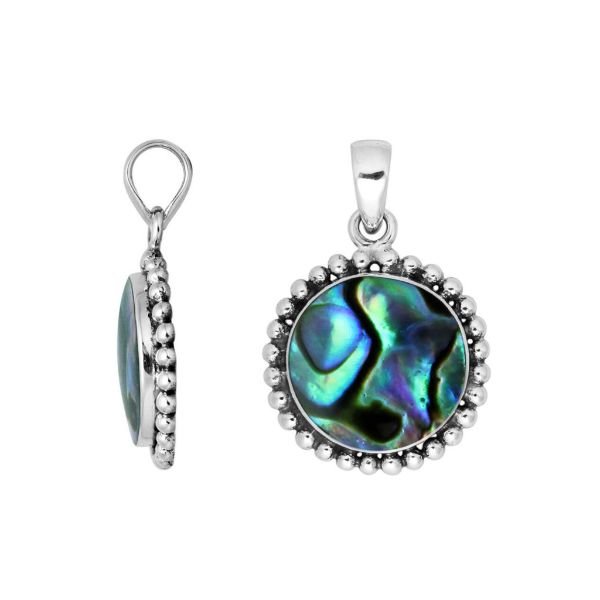 Sterling Silver Abalone Shell Round Pendant With Polished Beaded Silver Design
