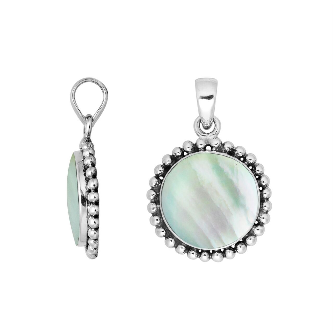 Sterling Silver Mother Of Pearl Round Pendant With Polished Beaded Silver Design