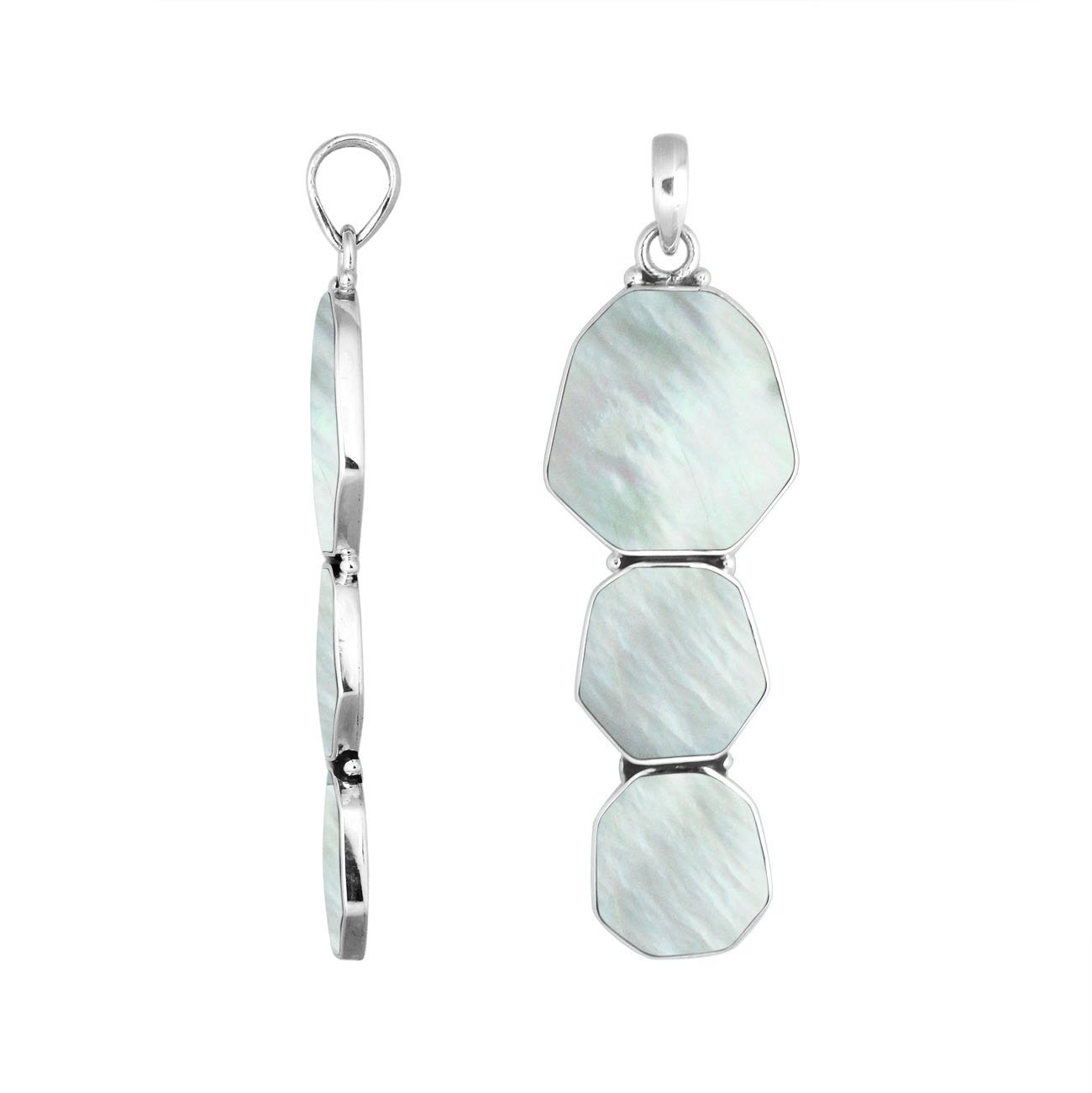 Sterling Silver Balinese Three-Link Mother Of Pearl Pendant With Octagon Design