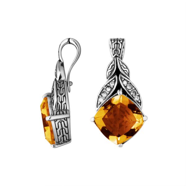 Sterling Silver Balinese Citrine Quartz Pendant With Cubic Zirconia Leaf Design