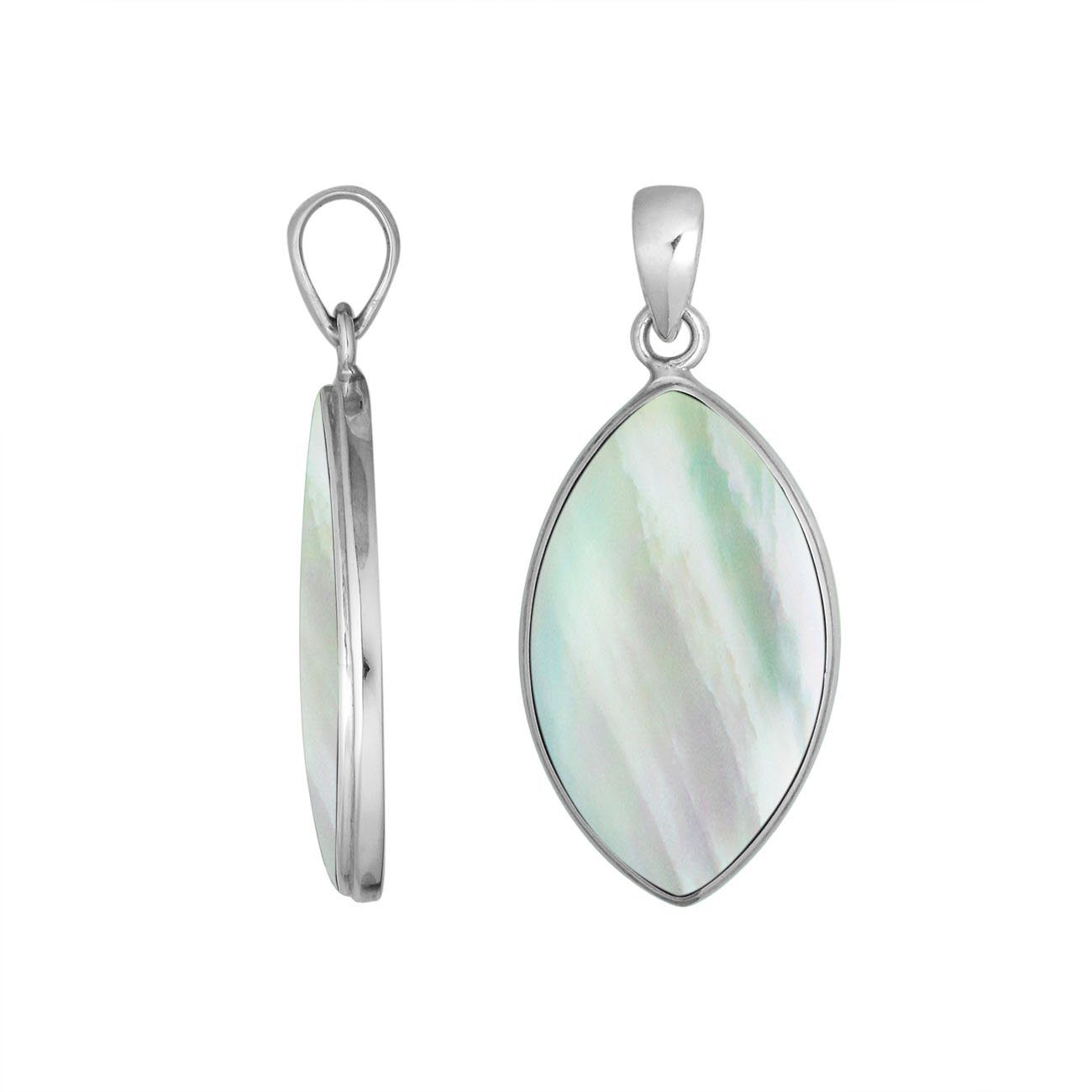 Handcrafted Balinese Sterling Silver Marquise Pendant featuring radiant Mother Of Pearl and sleek silver frame, ideal for women who love luminous, ocean-inspired jewelry.