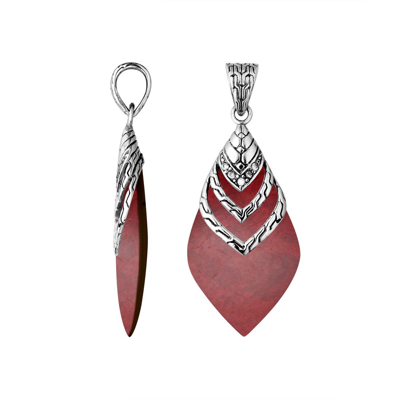 Handcrafted Sterling Silver Red Coral And Cubic Zirconia Teardrop Passion Pendant.