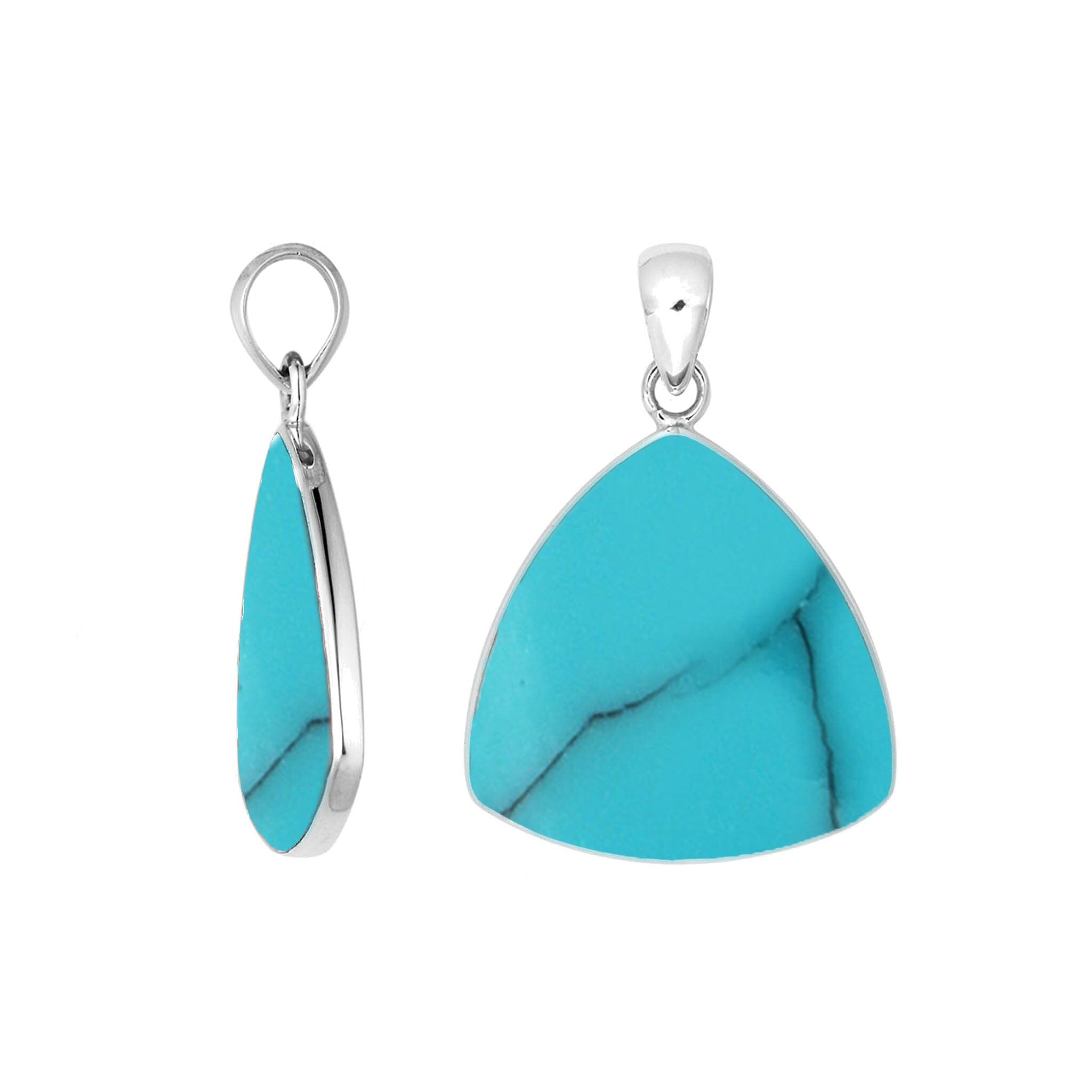 Sterling Silver Turquoise Shell Triangular Pendant With Vibrant Blue Charm And Balinese Elegance.