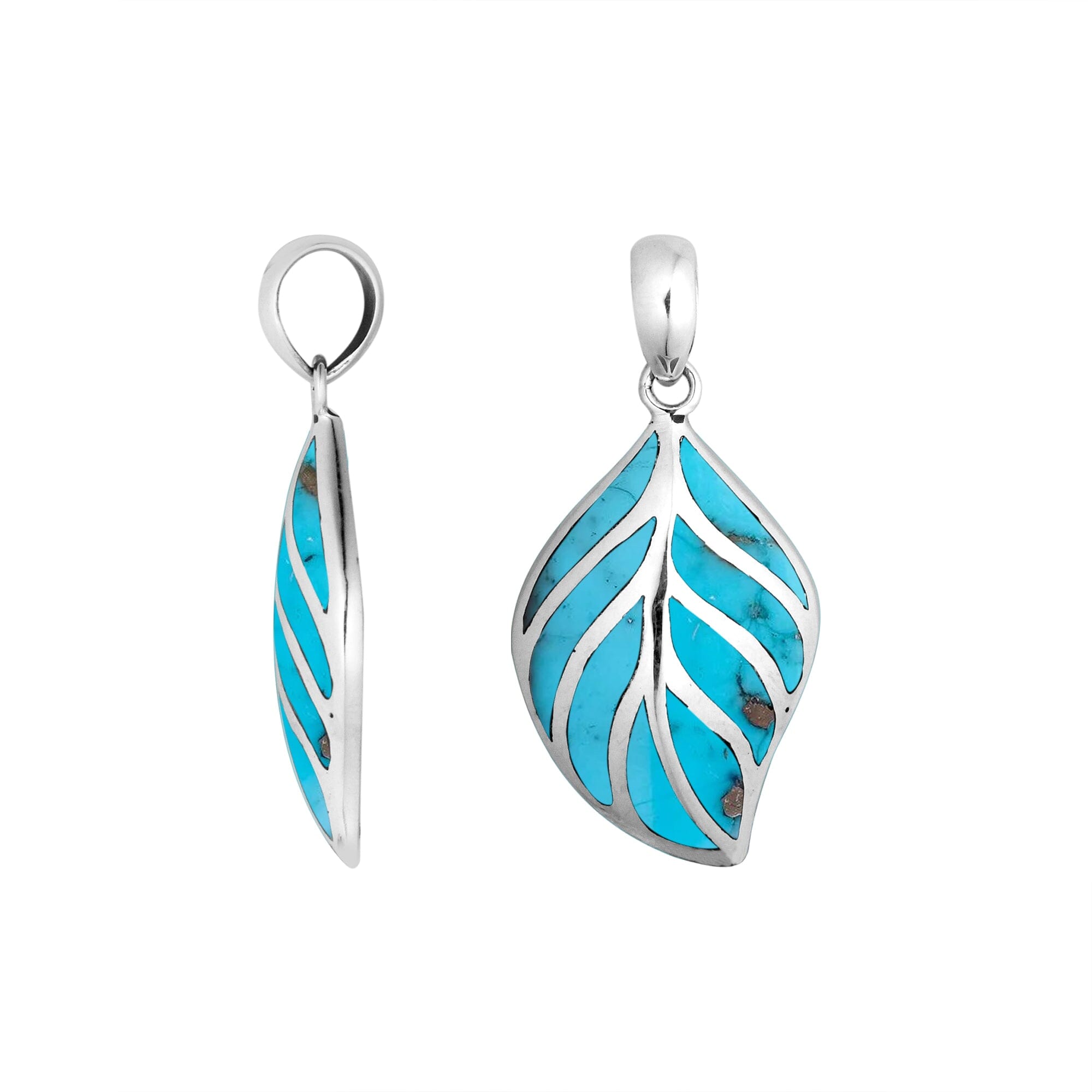 Handcrafted Sterling Silver Turquoise Shell Leaf Pendant With Silver Vein Accents.