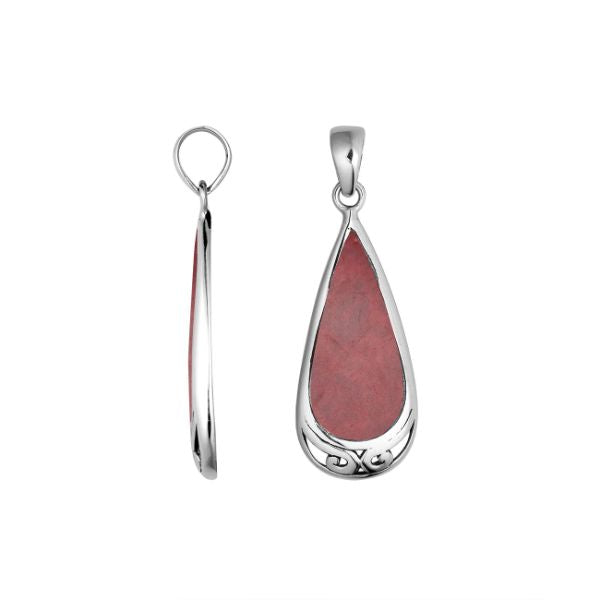 Handcrafted Sterling Silver Red Coral Teardrop Pendant With Polished Silver Border.